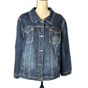 Midnight Velvet Embellished Denim Jacket Cross Rhinestone Studded Blue Plus 2X